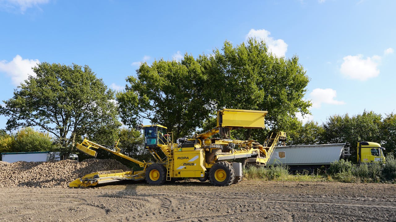 get-in-touch Yellow harvester machine collecting sugar beets in Lütau, Germany during harvest season.